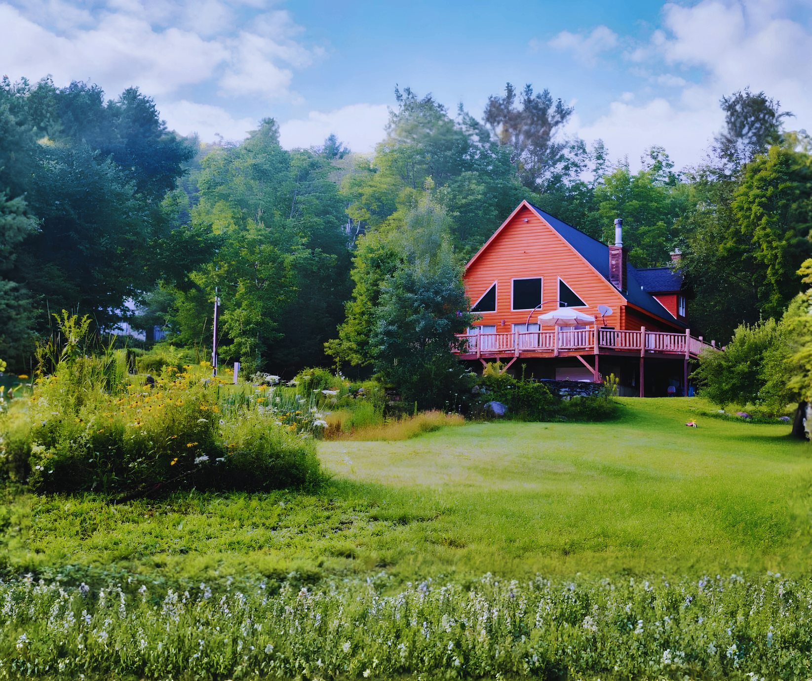 Killington cabin — a cedar-sided mountain cabin with wraparound deck overlooking a wildflower meadow and Vermont forest.